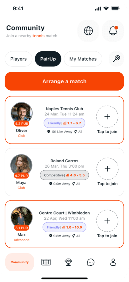 Find a match - community screen showing nearby tennis matches