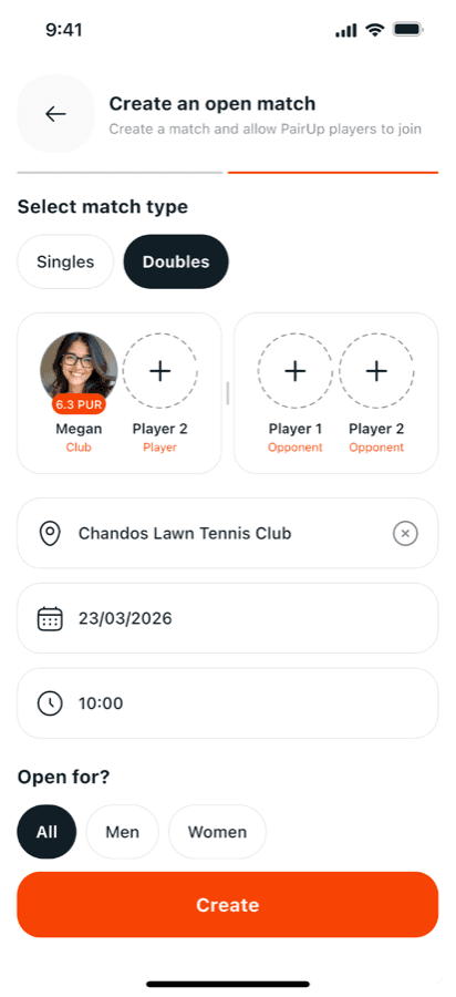 Find a match - create an open match screen